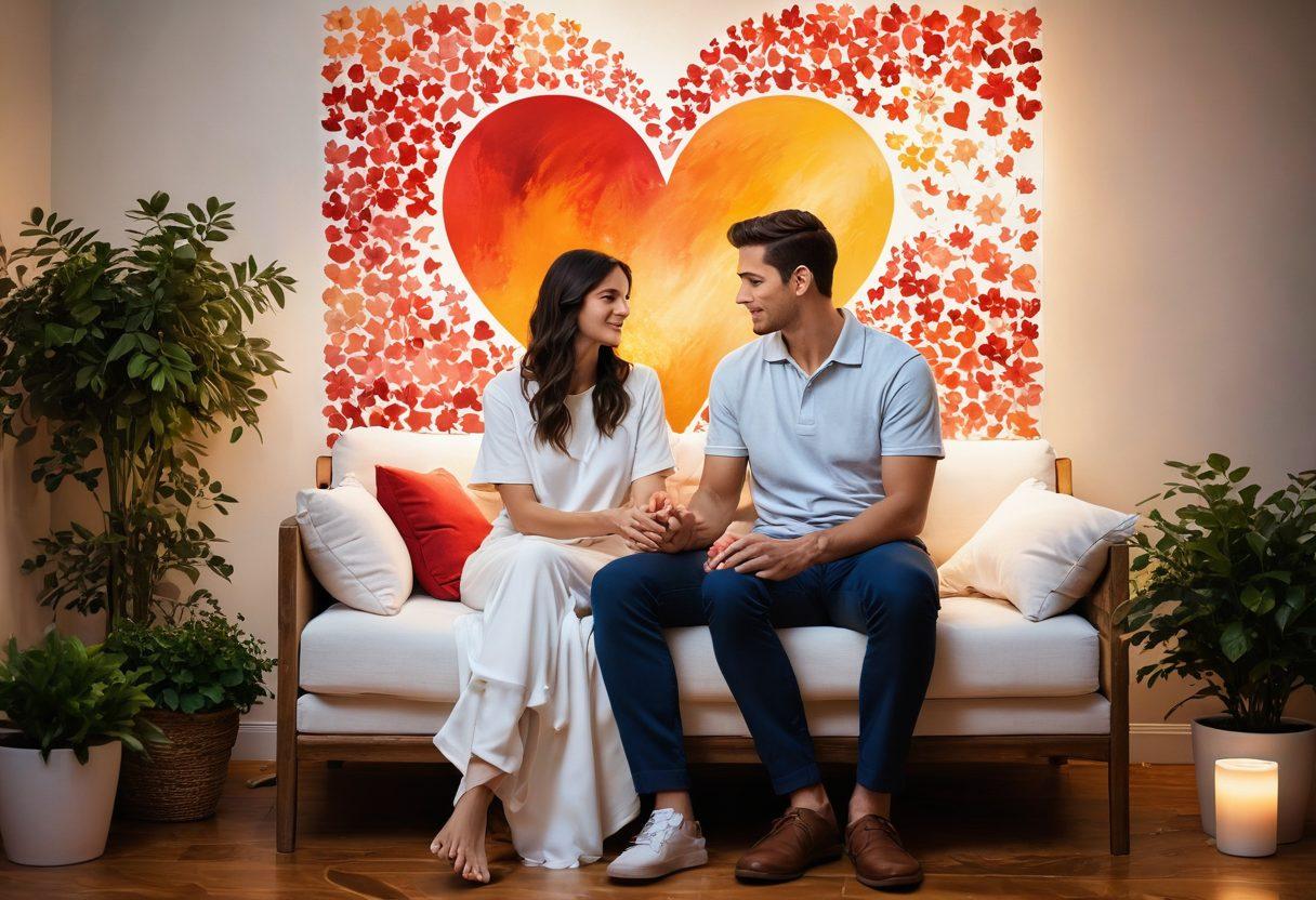A serene couple sitting closely together in a cozy, softly lit room, sharing a candid moment, surrounded by swirling hearts and gentle warmth to symbolize trust and understanding. Include elements of nature, such as plants or flowers, to evoke a sense of nurturing intimacy. The scene should radiate harmony, with rich, warm colors to enhance the emotional connection. painting. vibrant colors. cozy atmosphere.