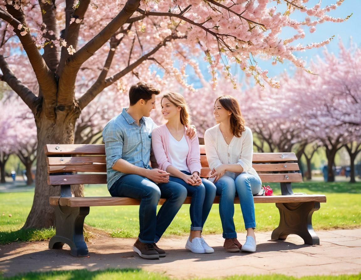 A heartwarming scene depicting a couple sitting together on a cozy park bench, sharing a joyful conversation under a blooming cherry blossom tree. The background should include soft pastel colors, symbolizing love and companionship, with playful sunlight filtering through the branches. Include subtle floating hearts around the couple and a gentle breeze rustling the leaves. super-realistic. vibrant colors. soft focus.