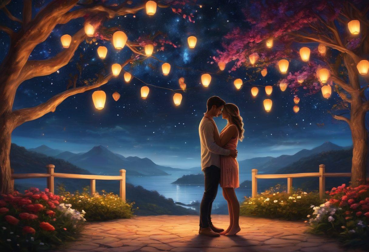 A warm and inviting scene of two soulmates embracing under a starry night sky, surrounded by glowing hearts and soft lighted lanterns, symbolizing lasting connections and passionate partnerships. Incorporate elements like intertwined hands and vibrant flowers to enhance intimacy. super-realistic. vibrant colors. romantic atmosphere.